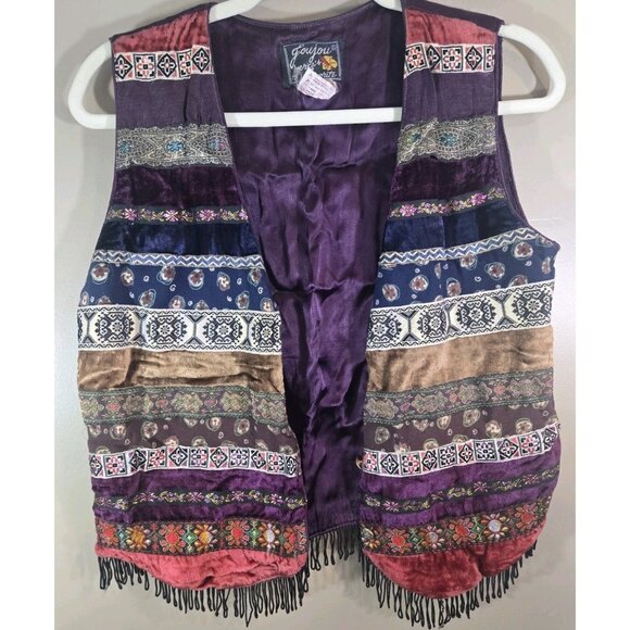 Jou Jou Jackets & Blazers - Vintage Jou Jou Colorful Patterned Vest, Tassels, Size M Hippie Boho Patchwork